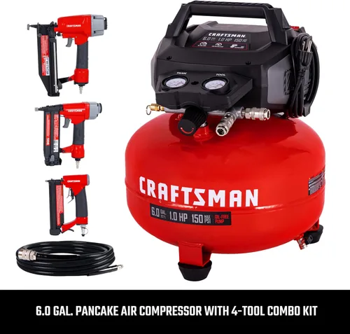 Miniatura 8 de Craftsman Compresor de Aire Tipo Panqueque de 6 Galones Kit Combo de 4 Herramientas, 150 PSI, Libre de Aceite, Incluye Clavadora de Acabado 16GA