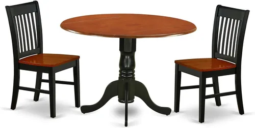 East West Furniture DLNO3-BCH-W Juego de mesa de comedor de 3 piezas contiene una mesa de comedor redonda con gotas y 2 sillas de asiento de madera,