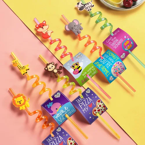 Miniatura 3 de 24 pajitas de plástico reutilizables de animales de la selva para león, zorro, cebra, jirafa, safari, suministros de fiesta de cumpleaños, regalos