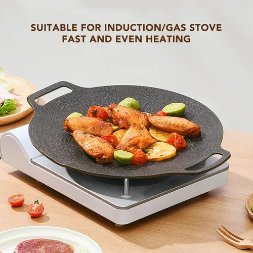 Miniatura 5 de Sartén coreana, sartén redonda antiadherente para barbacoa con asas dobles, conductividad térmica rápida, soporte estable, adecuada para estufa