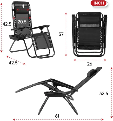 Miniatura 3 de PayLessHere Juego de 2 sillas de descanso ajustables de gravedad cero, silla de playa plegable con almohada extraíble y soporte para tazas