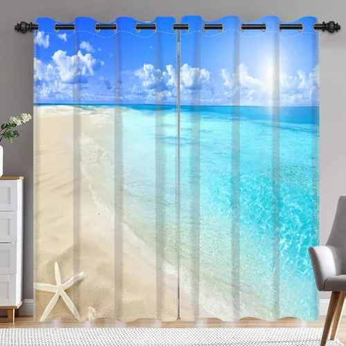 Miniatura 23 de Renaiss Cortinas opacas con diseño de mar tropical, nublado, cielo azul y verde azulado, estrella de mar transparente en playa arenosa, sala