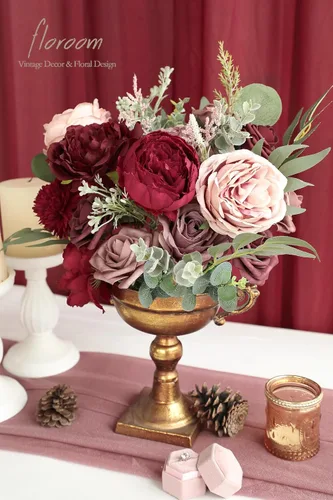 Miniatura 2 de Floroom - Flores artificiales de color burdeos y malva, rosas falsas de marsala, peonías y conjunto de caja de vegetación verde para ramos de boda