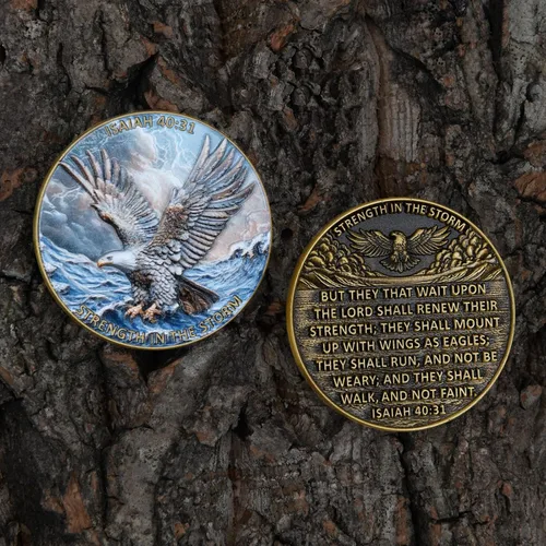 Miniatura 8 de Moneda de desafío de águila 3D de doble cara de aleación de zinc de 1.57 pulgadas, diseño inspirador colorido con Isaías 40:31, tema de fuerza