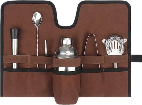 Canvas Bartender Roll - Kit de Mixología Profesional Bolsa - Marrón