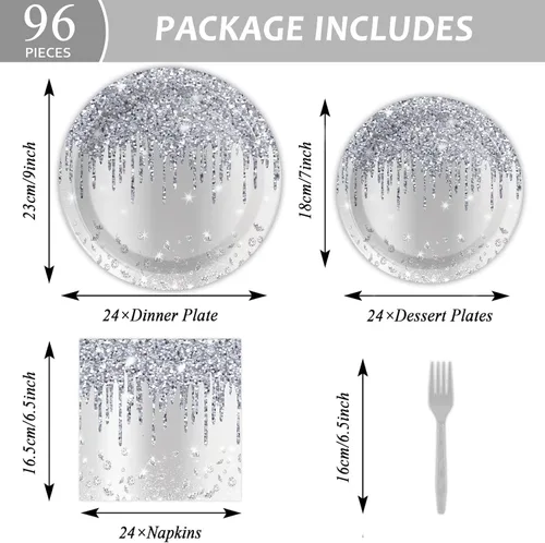 Miniatura 3 de Juego vajilla 96 piezas con brillantina plateada, decoración mesa feliz cumpleaños, diamantes con brillantina, platos de postre, servilletas