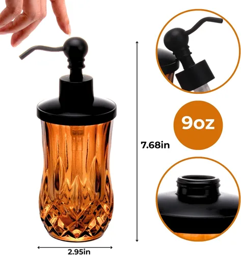 Miniatura 7 de Dispensador de jabón de vidrio ámbar de 9 onzas con bomba de aleación de zinc negro mate, vidrio de corte grueso sin plomo, dispensadores de jabón
