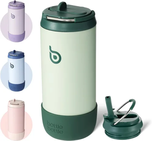BOTTLE BOTTLE Botellas de agua aisladas de 12 onzas con tapa a prueba de fugas, botas de silicona de acero inoxidable con popote para escuela, Verde