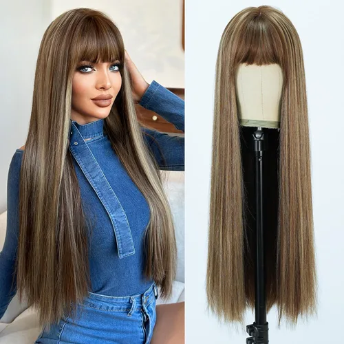 Miniatura 27 de 7JHH WIGS - Peluca de cabello sintético largo y liso con flequillo para mujer, aspecto natural (22 pulgadas, té negro)