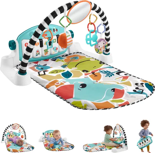Fisher-Price Alfombrilla de actividad para bebés Glow & Grow Kick & Play Piano Gym, versión en español, juguete de aprendizaje musical azul para
