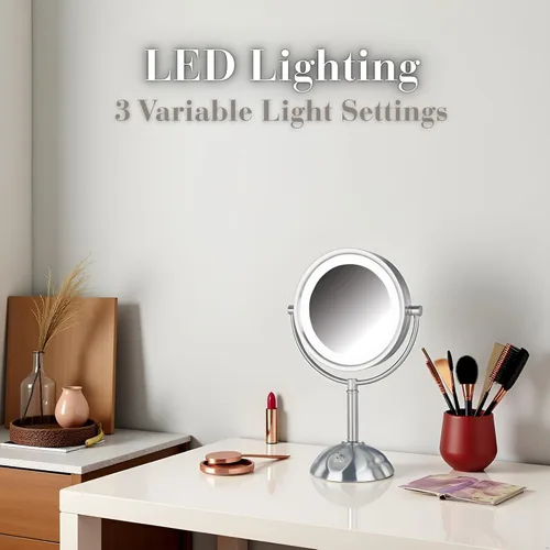 Miniatura 4 de JERDON Espejo de maquillaje de mesa con luces, aumento de 1X/8X, espejo de tocador de níquel de 8.5 pulgadas, modelo HL8808NL