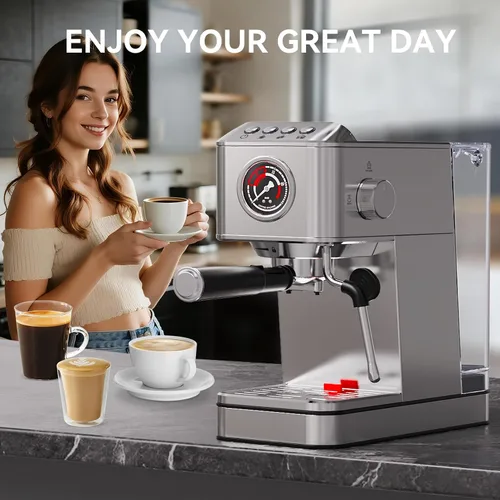 Miniatura 7 de EM623 Máquina de café expreso de 20 Bar con espumador de leche de vapor, máquina de café de acero inoxidable con tanque de agua extraíble