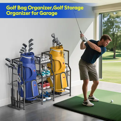 Miniatura 2 de samstar Organizador de garaje de almacenamiento de golf, soporte de almacenamiento para bolsas de golf, 2 bolsas de golf y accesorios para equipos