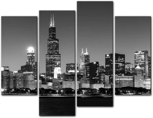 4 unidades de pintura de tela moderna arte de pared la imagen para la decoración del hogar, vista panorámica del horizonte de Chicago de noche, en