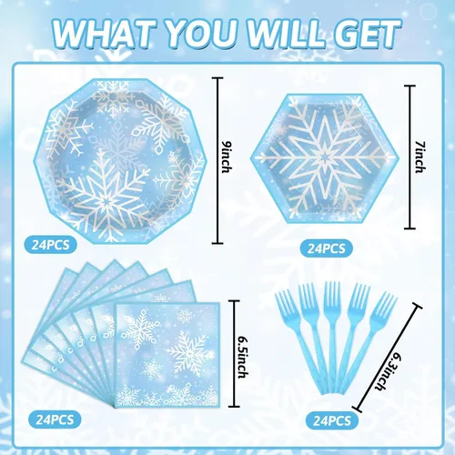Miniatura 2 de Sirve 24 platos de papel de copo de nieve de Navidad, servilletas de almuerzo azul de nieve de invierno, juego de vajilla desechable de copo