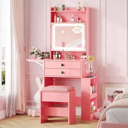 Vabches Escritorio pequeño de maquillaje, 3 espejos iluminados ajustables, juego de tocador blanco, panel plegable, estación de carga, parte