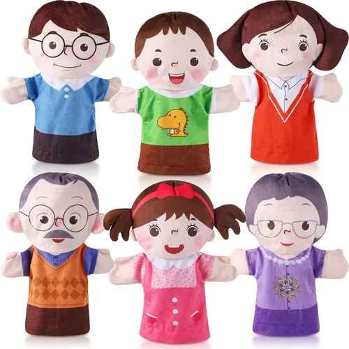 Miniatura 12 de 6 piezas de marionetas de mano familiares de 30 cm, abuelos, mamá y papá, hermano y hermana, marionetas de mano de felpa para niños, juguetes