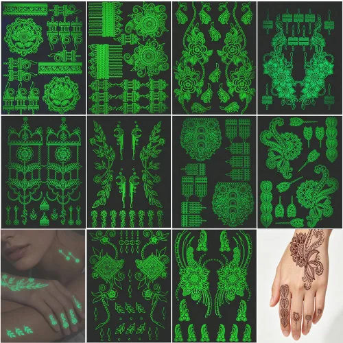 Miniatura 11 de Xmasir 12 hojas de pegatinas de tatuaje de henna de dos colores, juegos de plantillas de tatuaje temporal impermeables, kit de plantillas de tatuaje