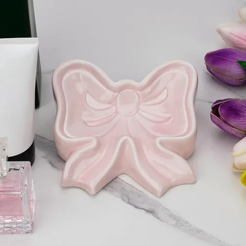 Miniatura 5 de Jabonera con lazo, caja de jabón de cerámica en forma de lazo, jabones de cerámica para baño, fregaderos, cocina (rosa)