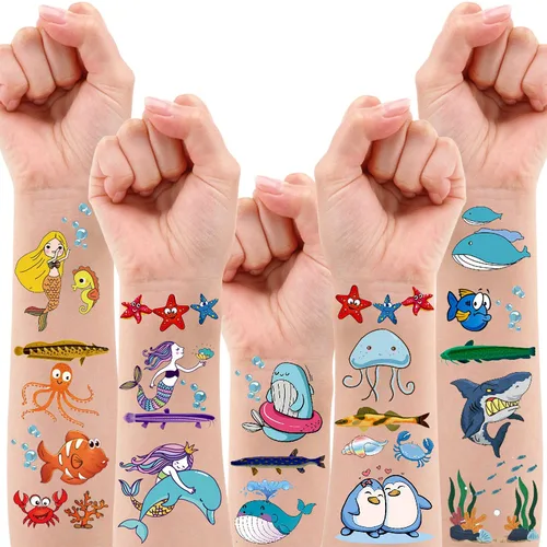 200 tatuajes temporales con temática oceánica para niños, decoración de piscina de playa bajo el mar, suministros de fiesta de cumpleaños, tatuajes
