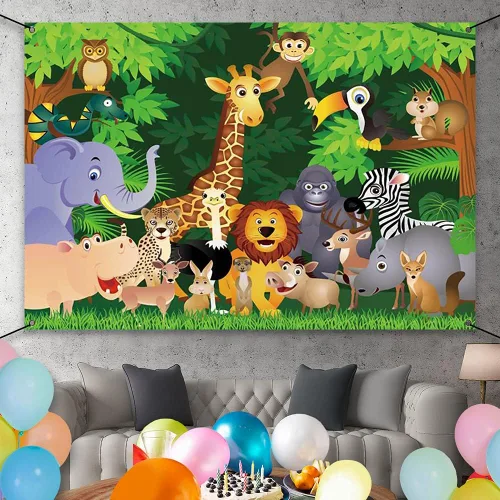 Miniatura 2 de AWERT Cartel de poliéster de 6 x 3.6 pies de dibujos animados de animales de la selva con temática de safari de la selva cartel de cumpleaños