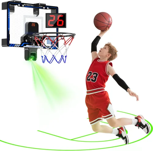 HopeRock Indoor Mini Basketball Hoop for Kids, Basketball Hoops Over The Door with LED Lighting, Mini Hoop with Scoreboard & 3 Balls, Basketball