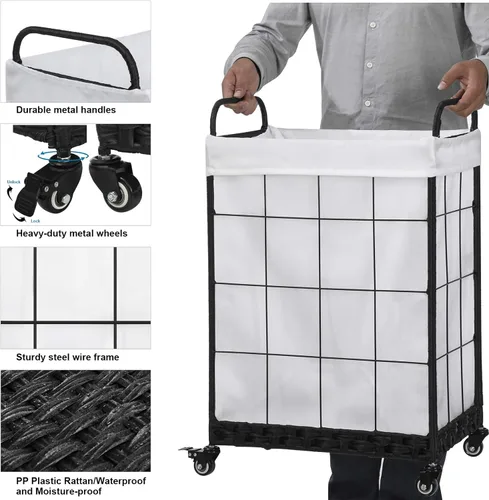Miniatura 6 de Cesta de lavandería resistente con ruedas enrollables con cerradura, cesta de lavandería duradera y plegable con bolsa extraíble y asa de metal
