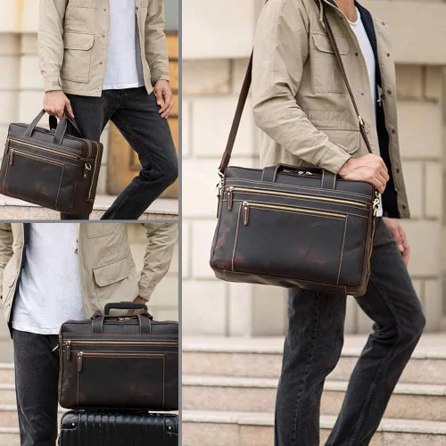 Miniatura 2 de TIDING Maletín de cuero genuino de 17 pulgadas para portátil de mensajero para hombres de negocios de viaje bolsa de hombro