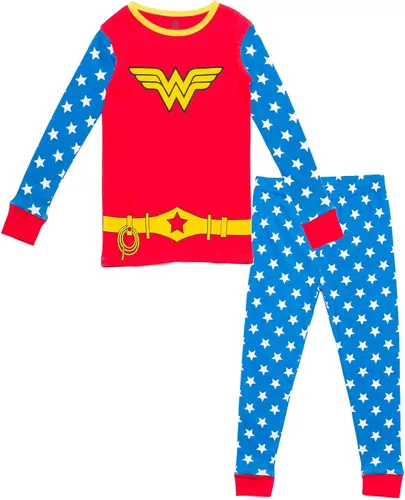 DC Comics Conjunto de pijama de la Liga de la Justicia Mujer Maravilla para niñas y camiseta de dormir para niños pequeños a grandes