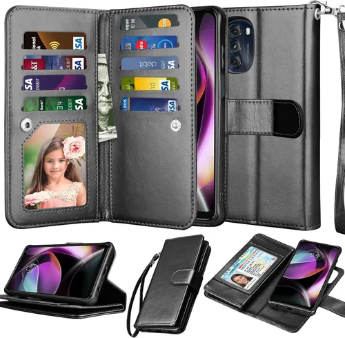 NJJEX Funda tipo cartera para Motorola Moto G 5G 2022, color negro [9 ranuras para tarjetas, piel sintética, soporte desmontable, cubierta magnética