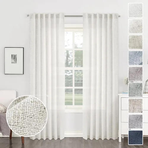 Miniatura 69 de Cortinas de lino 92 pulgadas de largo, juego de 2 paneles con bolsillo para barra, lengüeta trasera, cortinas transparentes para ventanas
