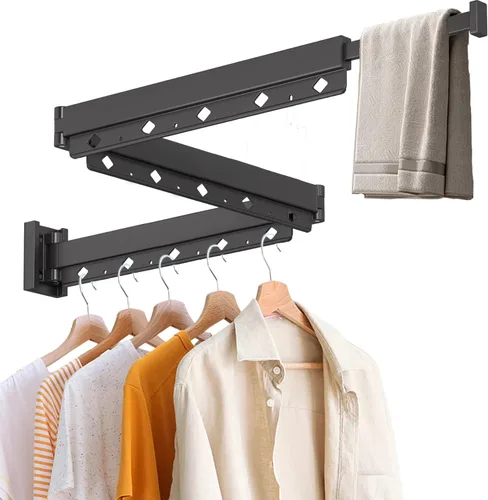 Miniatura 9 de Perchero de Ropa Plegable y Retráctil, Perchero de Secado de Ropa para Montar en Pared para Interior, Perchero de Ropa Ahorrador de Espacio
