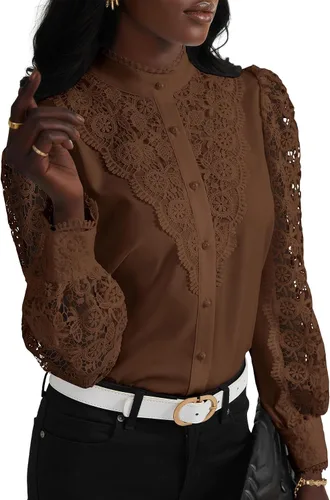 Rooscier Blusa Elegante de Encaje de Crochet con Cuello Alto Simulado de Manga Larga con Botones para Mujer Top