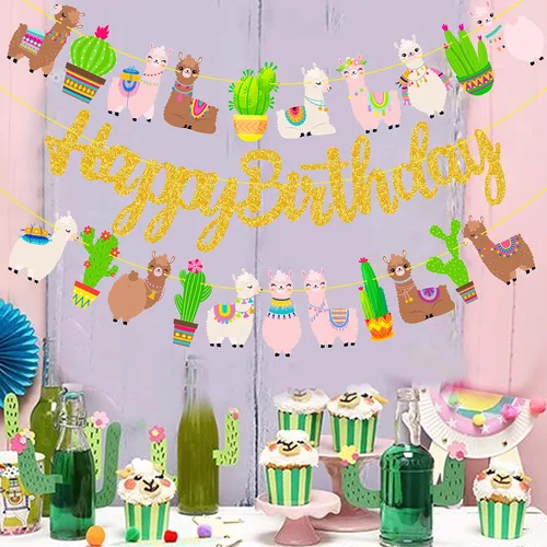 Miniatura 8 de Cartel de fiesta de cactus de llama, pancarta dorada para fiesta de cumpleaños, 3 unidades, decoraciones de cartón de alpaca para fiesta