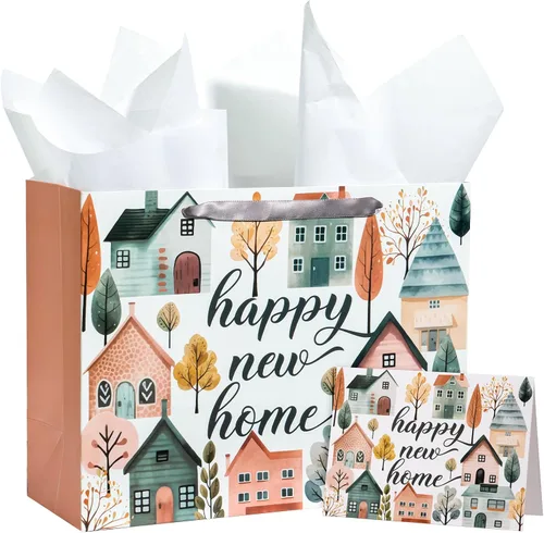 WRAPAHOLIC Bolsa de regalo de 13 pulgadas con tarjeta y papel de seda, bolsas de papel de diseño Greeny House para inauguración de la casa, regalo