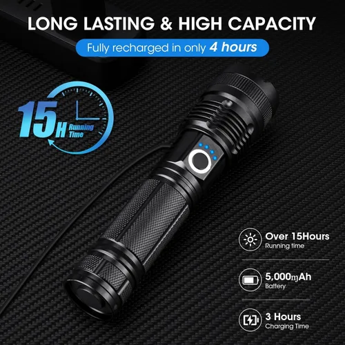 Miniatura 3 de Kmivo Paquete de 4 linternas recargables de alto lúmenes, 990,000 lúmenes, linterna LED ajustable súper brillante, impermeable, con 5 modos, ideal