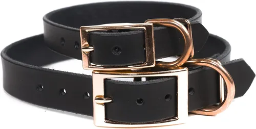 Miniatura 4 de Collar de cuero personalizado hecho a mano para perro con bridón grabado con el nombre de la mascota, herrajes en tono cobre/oro rosa (negro)
