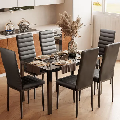 Miniatura 11 de Juego de mesa de comedor de cocina Bealife para 6, juego de mesa y sillas de 7 piezas de vidrio templado moderno para el hogar, cocina, sala