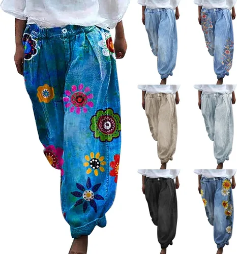 Miniatura 3 de GOKKILRW Pantalones de mezclilla holgados para mujer, estilo harén, pierna ancha, estampado floral, holgado, hawaiano, hippie, Y2K, pantalones