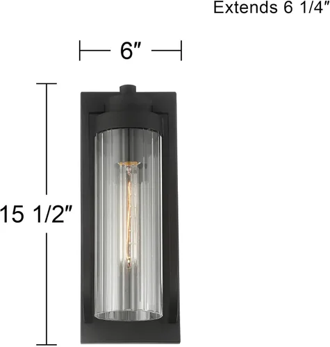 Miniatura 4 de Possini Euro Design Bogata - Moderna lámpara de pared para exteriores, acero negro texturizado, 15 1/2 pulgadas, cristal cilíndrico acanalado