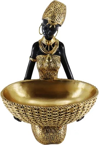 Lescafita Escultura Africana Hecha a Mano de Mujer Sentada - Figura Tribal Dorada Sosteniendo Canasta, Decoración del Hogar de Resina para