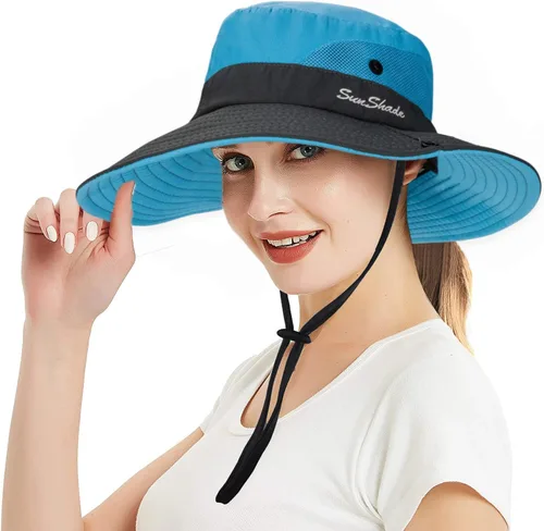Miniatura 34 de Sombrero de sol de verano para mujer, cola de caballo – Protección UV de malla de ala ancha plegable con agujero para cola de caballo