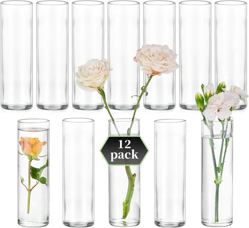 Glasseam - Juego de 12 jarrones cilíndricos de cristal para centros de mesa, mesa de fiesta de boda, 5.9 pulgadas, decoración moderna y transparente