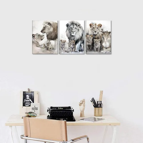 Miniatura 2 de 3 piezas modernas de lienzo de león de animales salvajes, pinturas de retratos de familia de leones, decoración de pared, obras de arte de sala