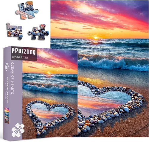 Rompecabezas de playa para adultos de 1000 piezas, rompecabezas de corazón con atardecer en el océano, colorido rompecabezas de amor marino