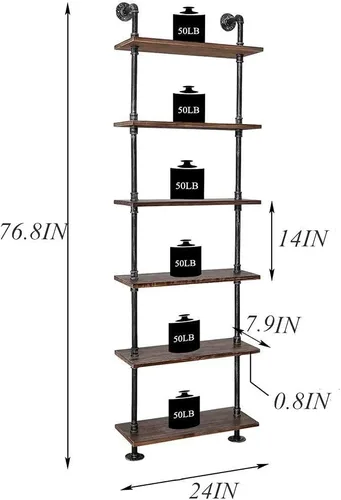 Miniatura 2 de Estantería industrial de tubería rústica con escalera de pared, estante de almacenamiento para sala de estar, cocina, oficina (6 niveles)