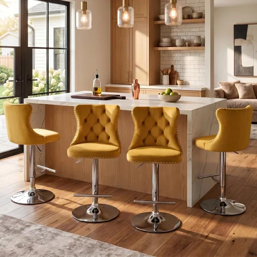 Miniatura 12 de SoarFlash Juego de 2 taburetes de bar tapizados de terciopelo moderno con patas de madera, botones acolchados, cabeza de clavo cromada, asiento