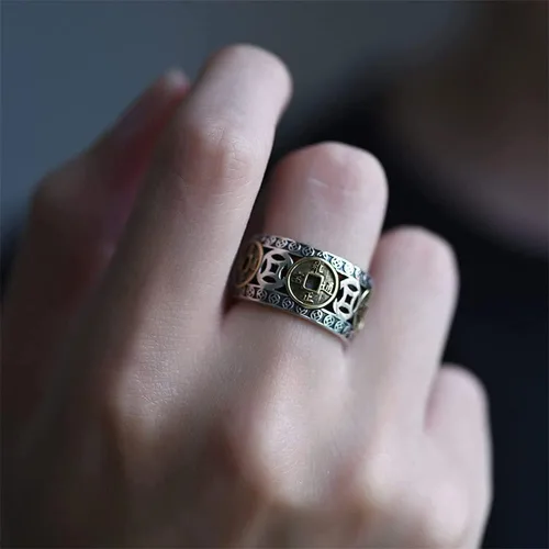 Miniatura 5 de Anillo de cobre Wufu con moneda de cinco emperadores, anillo de plata con índice retro de la suerte, anillo vintage ajustable para hombres