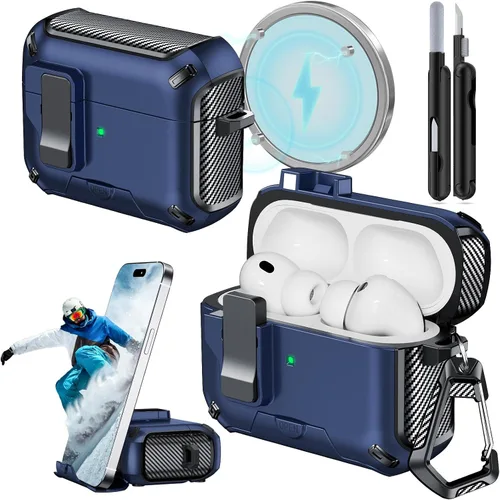 Miniatura 10 de Funda para AirPods Pro 2 (2023/2022/2019) con soporte para teléfono, (con interruptor a presión automático), diseño de fibra de carbono, cubierta
