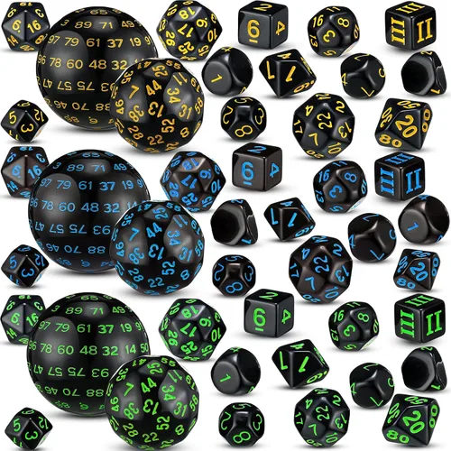 Miniatura 9 de Libima Juego completo de 3 dados poliédricos D3-D100 de 100 caras multicara D100 para juegos de rol y fiestas (colores clásicos)